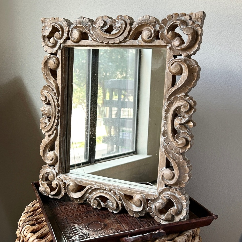 Vintage Gold Foil Wood Ornate Carved Scrollwork Wall Mirror 14x16 Home Decor